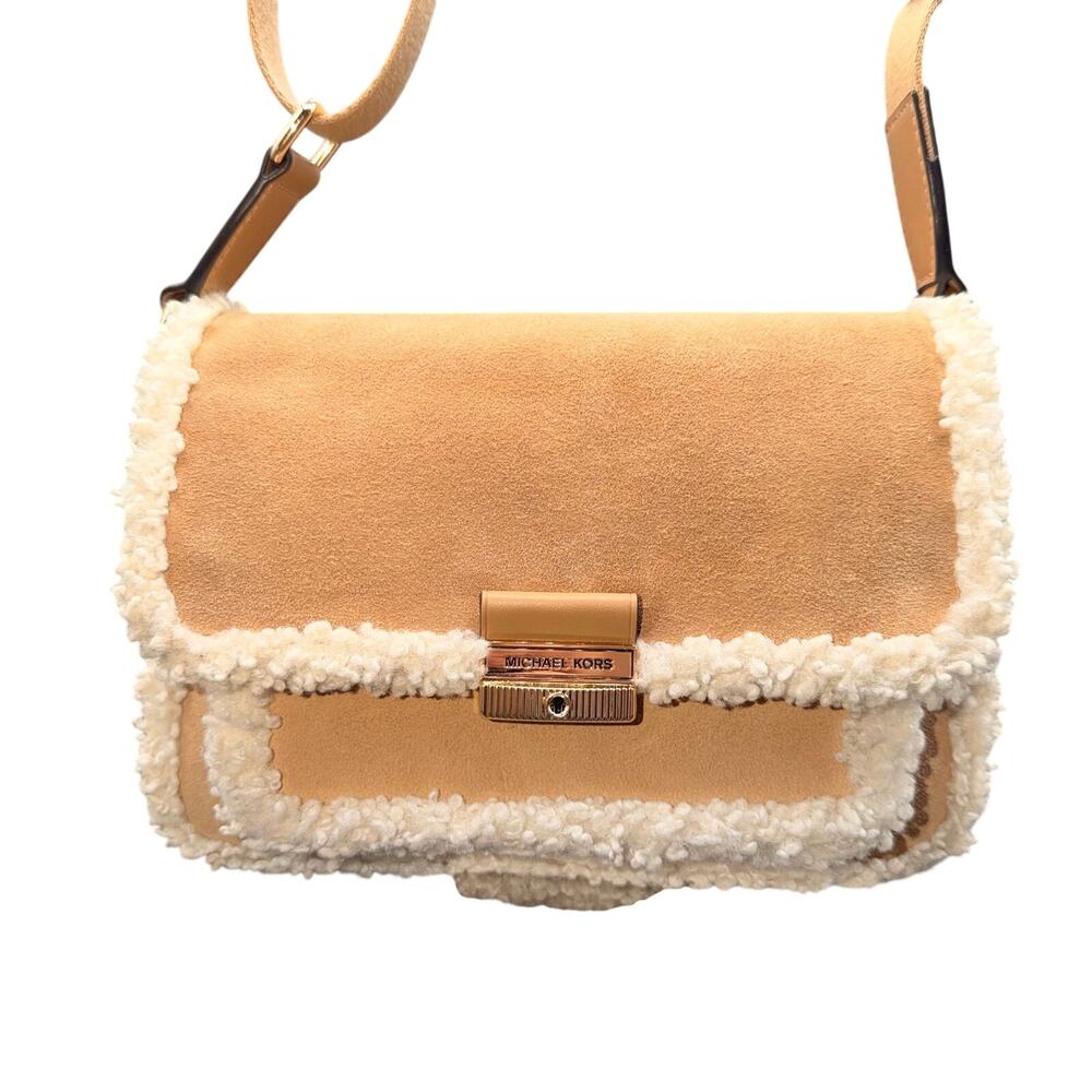 Michael Kors Sherpa Suede Crossbody Bag Tan Shearling Trim Purse